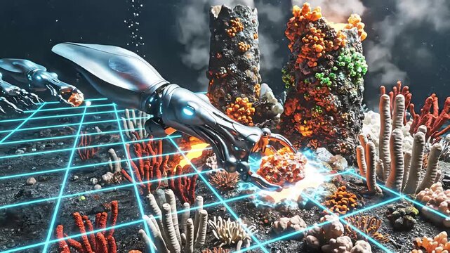 Futuristic robotic squid scanning and mining minerals from deep sea hydrothermal vents on the ocean floor