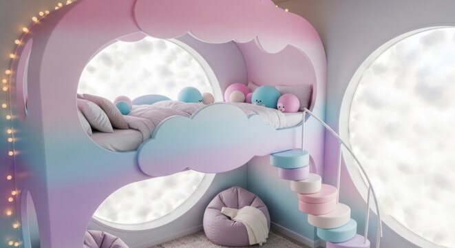 Int&eacute;rieur de chambre de r&ecirc;ve avec un lit en forme de nuage et des couleurs pastel