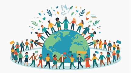 A world of diversity and unity, people around the globe joined in hands for peace. This vibrant graphic evokes themes of global harmony and togetherness, symbolizing a united world.