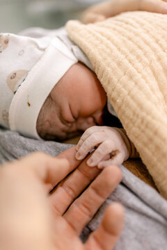 Newborn baby sleeps peacefully wrapped in soft blanket as adult hand gently touches tiny fingers