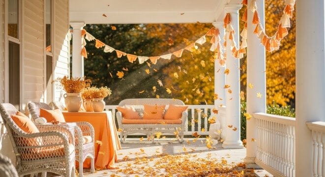 Sc&egrave;ne d'automne accueillante sur un porche d&eacute;cor&eacute;, avec un moment de d&eacute;tente au soleil.