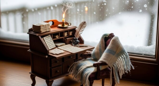 Sc&egrave;ne miniature de bureau avec chandelle et fond de fen&ecirc;tre enneig&eacute;
