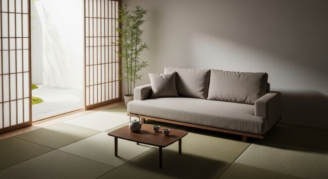 Salon minimaliste avec canap&eacute;, table basse et cloisons shoji, concept de lumi&egrave;re naturelle