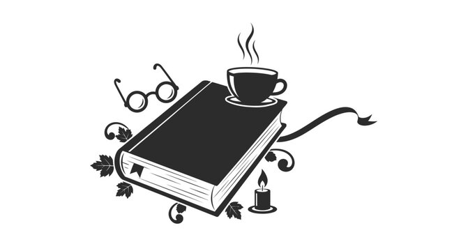Book with cup and glasses.