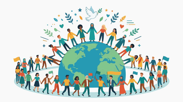 A world of diversity and unity, people around the globe joined in hands for peace. This vibrant graphic evokes themes of global harmony and togetherness, symbolizing a united world.