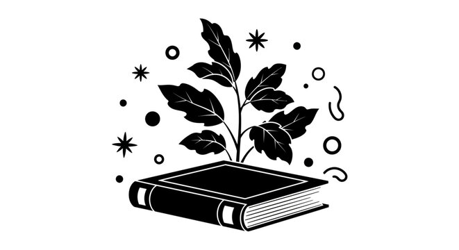 Black book with growing plant.