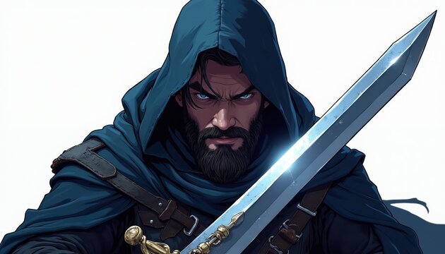 Man in blue hood holds big sword. Bearded guy stares intensely with blue eyes. Mysterious warrior ready for battle. Fantasy character art illustration.