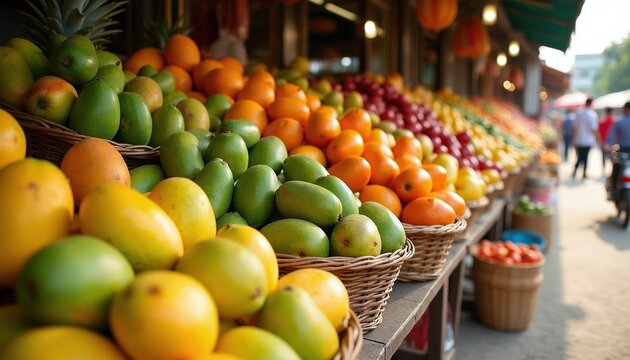 Outdoor fruit market stall display. Baskets overflow with ripe mangoes, oranges, and green fruits. People walk past in background creating busy atmosphere. Tropical produce arranged for sale.