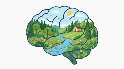 Fototapeta premium A conceptual illustration visualizes the intricate connection between the mind and the beauty of nature, depicting the landscape within a human brain.