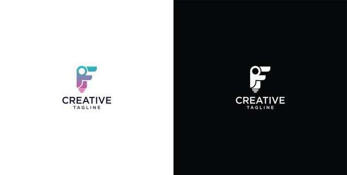 smart bulb tech logo design, creative idea, digital logo technology, initial logo design F