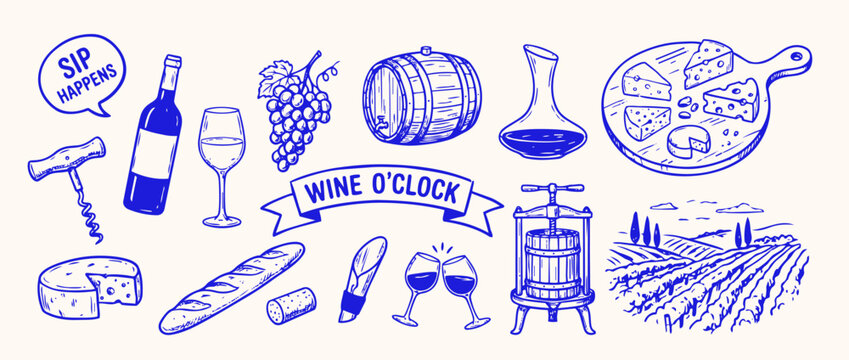 Wine Time Collection: Delightful collection of hand-drawn illustrations and doodles celebrating the joy of wine, featuring a bottle, glass, grapes, barrel, decanter, cheese board, corkscrew, baguette.