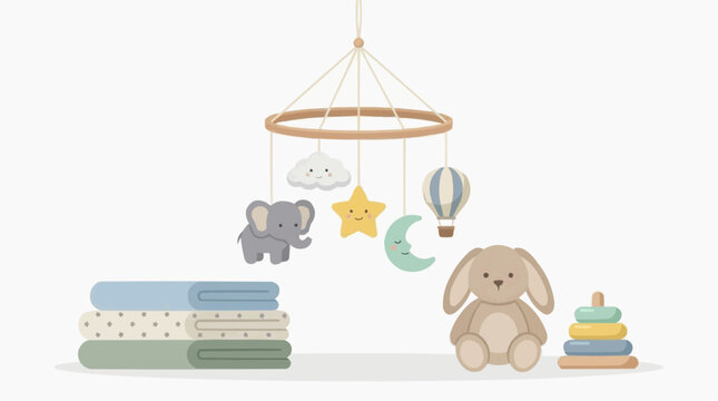 A charming nursery scene with a hanging mobile, stacked blankets and a stuffed rabbit, symbolizing comfort and innocence for a newborn baby.