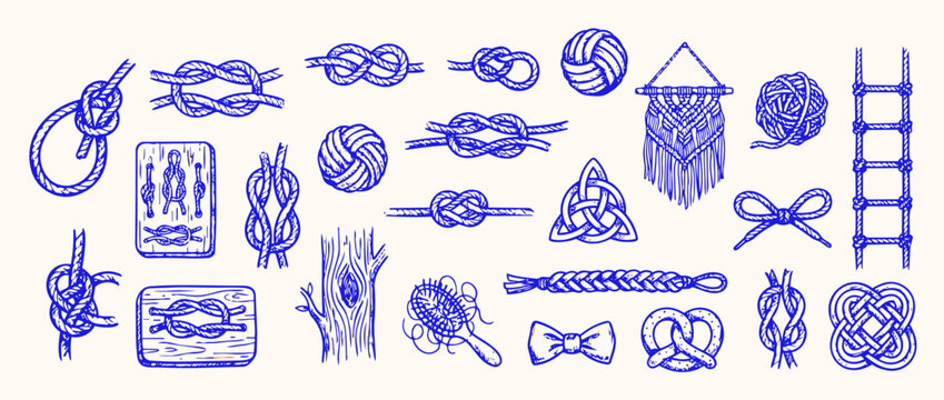 Variety of Knots and Crafting Items: A collection of meticulously drawn illustrations showcases diverse knots and various crafting tools, inviting creativity and practical skill. 