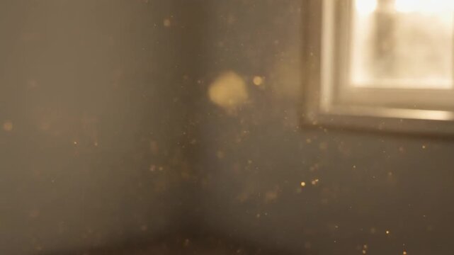Sunlight beams through window illuminating floating dust particles in room.