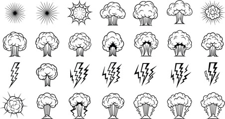 Action Comic Illustration Set Featuring Mushroom Cloud Explosions, Sharp Lightning Bolts, and Dynamic Starburst Elements for Graphic Novels and Pop Art Designs © RUBINA
