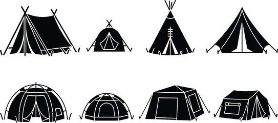 Comprehensive Camping Tent and Outdoor Shelter Silhouette Collection Featuring Traditional Tipi, A-Frame, Modern Dome, and Cabin Style Designs © RUBINA