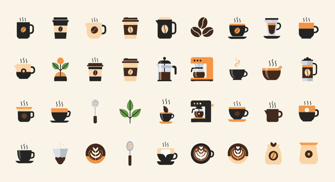 Simple flat design coffee app icon set for desi culture featuring various coffee cups and beans