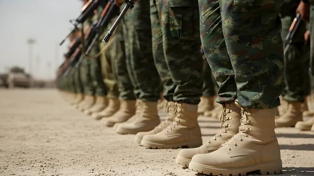 Row of brave soldiers standing in formation wearing camouflage uniforms and durable combat boots while holding their rifles during a desert training exercise in the bright sun