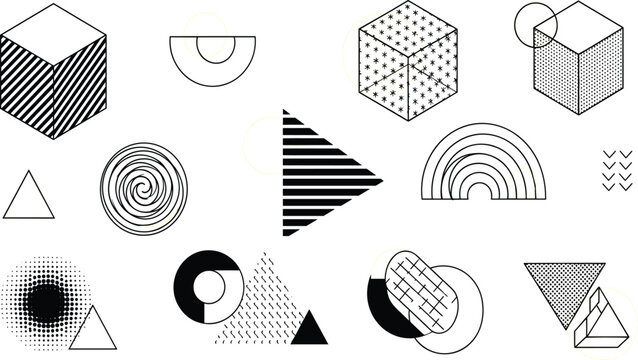 Experimental Abstract Geometric Shape Set Featuring Memphis-Style Textures, Halftone Dots, Isometric Cubes, and Linear Patterns for Modern Graphic Design