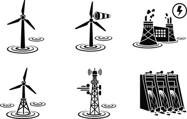 Fototapeta premium Industrial Power Generation and Renewable Energy Icon Set Featuring Offshore Wind Turbines, Hydroelectric Dams, Nuclear Power Plants, and Telecommunication Towers