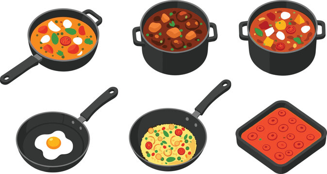 Isometric Cookware and Prepared Meals Collection Featuring Skillets with Fried Eggs, Stew Pots, and Vegetable Stir-Fry Illustrations