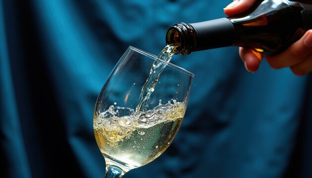 Hand pours white wine from bottle into clean glass. Bubbles form as liquid splashes into crystalware. Elegant drink preparation for wine tasting or celebration.