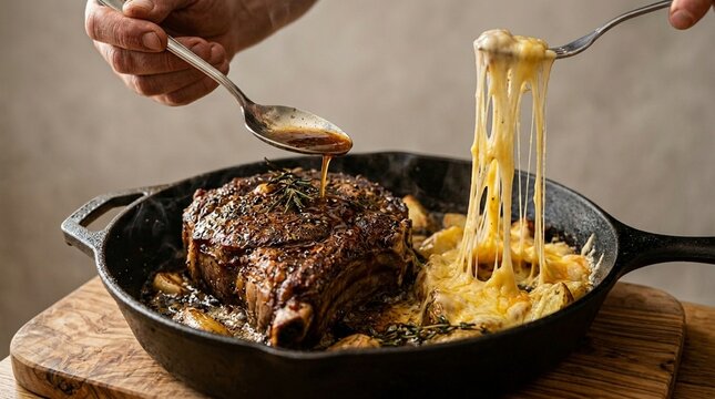 Chef Basting Roasting Meat with Juices in Hot Pan Spoon Action