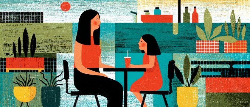 Expressive gouache illustration of a grandmother teaching a child to hold a vintage compass while watching a candle flicker in a darkened room inside a candlelit old-world cafe, in indigo and