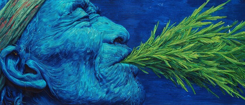 Expressive gouache illustration of an awe-struck traveler inhaling the scent of a pine branch in a misty forest beside a mountain stream reflecting deep blues, in thick indigo and charcoal