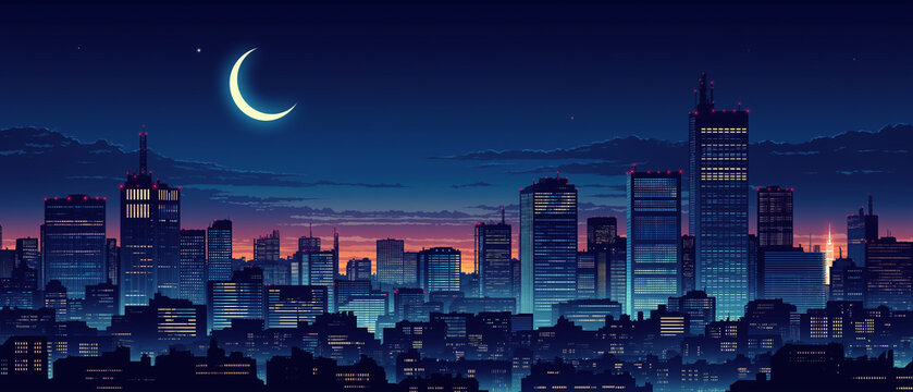 1980sシティポップ風日本夜景都市風景レトロビル群星空月明かり都会ノスタルジック背景イラスト動画素材サムネイル用途商用利用対応デザイン壁紙グラフィックアート都市景観素材