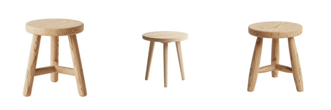 Set of Simple Three Legged Wooden Round Stool Isolated on White Background, PNG Oil Paint