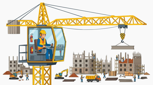 A construction crane operator overseeing a bustling construction site with buildings in various stages of construction.