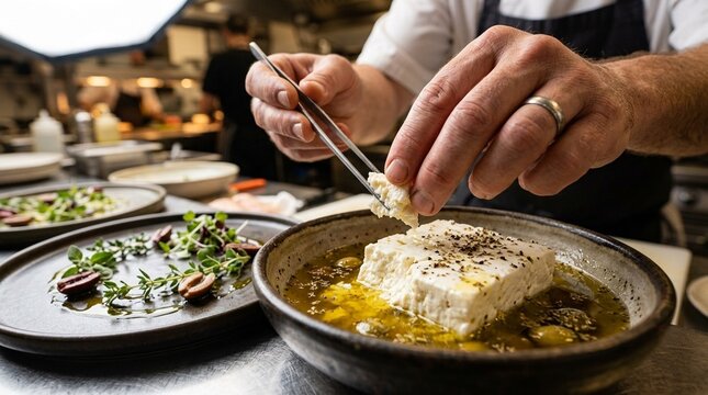 White Feta Cheese Block in Olive Brine with Hands-Only Plating Action
