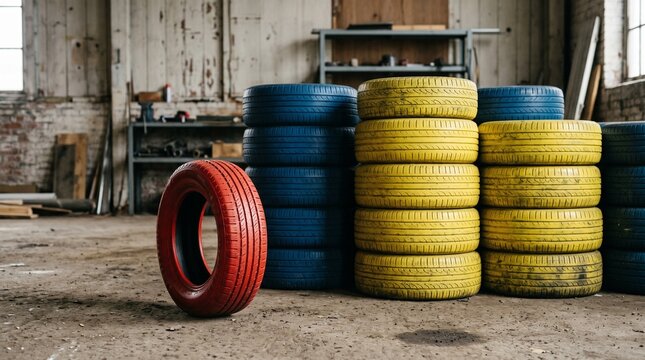 a single red tire stands alone in a gritty garage, separated from towering stacks of blue and yellow tires. It serves as a visual metaphor for the courage to deviate from the group and the stark isola