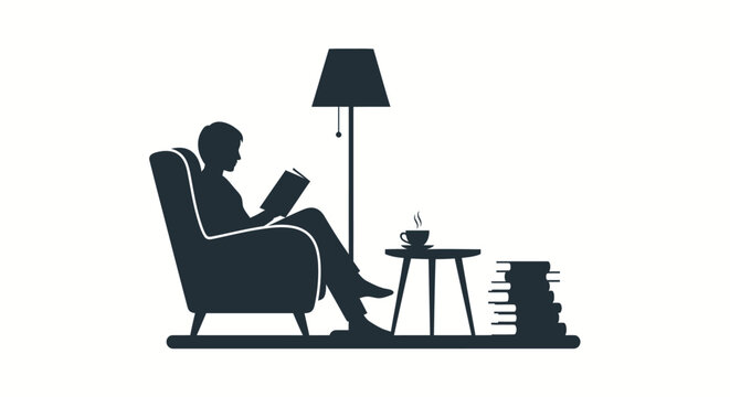 Person sitting in armchair reading book.