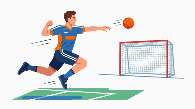 A handball player's dynamic movement as he throws a ball towards the goal in a vibrant illustration, representing sports and action.