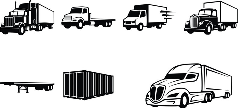 Black silhouette collection of commercial transport vehicles featuring semi trucks delivery vans flatbed trailers and shipping containers