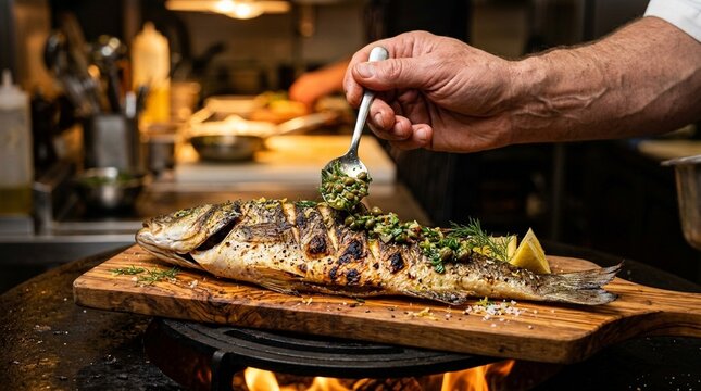 Whole Roasted Sea Bass with Crispy Skin on Olive Wood with Caperberry Salsa