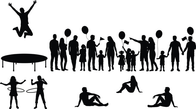 Black silhouette collection of happy families and children playing with balloons hula hoops and jumping on a trampoline