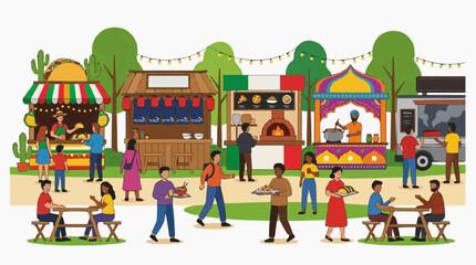 Fototapeta premium A lively outdoor food market offers various culinary delights from across the globe, inviting everyone to taste the flavors, embracing the global food scene.