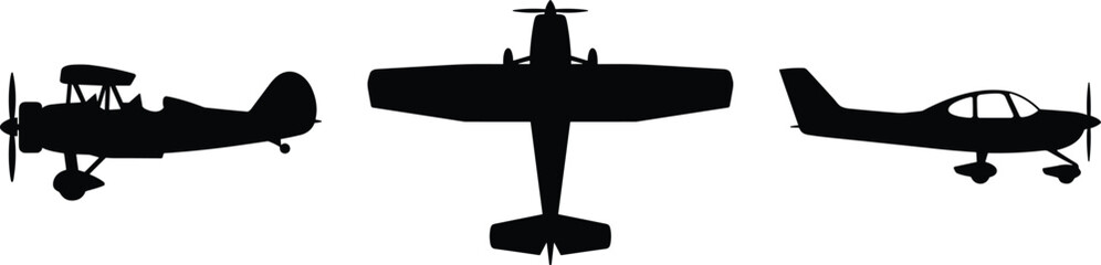 Black silhouette collection of small propeller planes including vintage biplane and modern light aircraft isolated on white background © IconicCreations