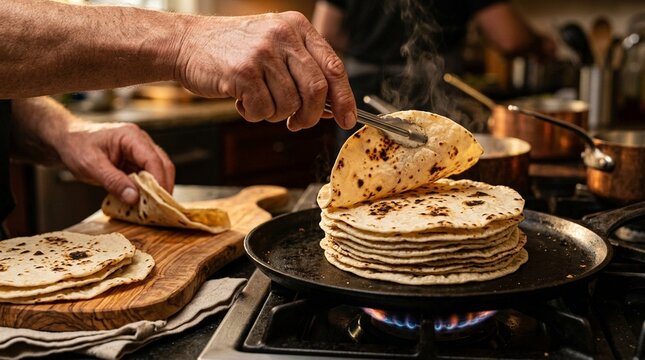 Tortillas on Comal Char Flatbread Bubbles with Hands-Only Plating Action
