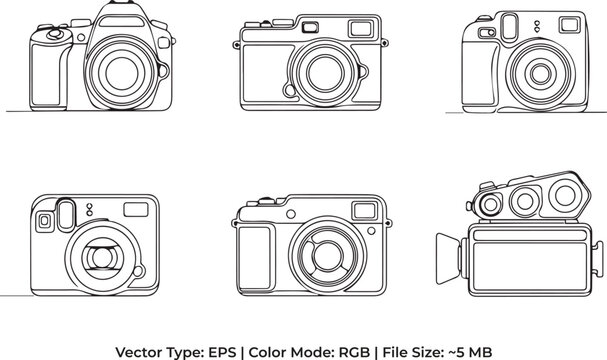Set of six minimalist hand drawn camera icons, clean black line art, photography variations