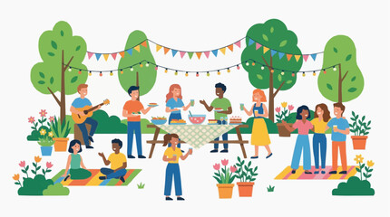 Fototapeta premium A festive gathering under the open sky, a tapestry of joy and connection where music, friendship, and shared delights fill the air. A celebration of togetherness that's heartwarming.