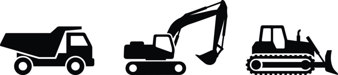 Collection of heavy construction machinery silhouettes including dump truck, excavator and bulldozer isolated on white background for industrial engineering © IconicCreations