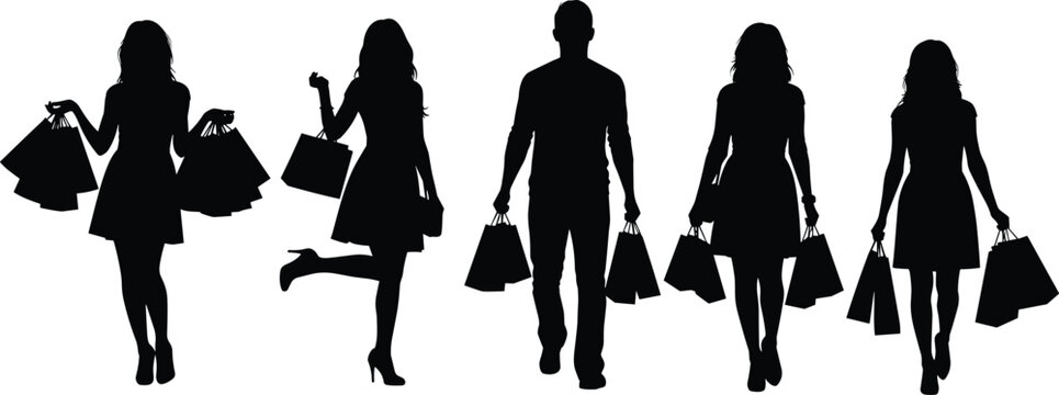 Black silhouettes of diverse people holding shopping bags isolated on white background, retail consumerism and seasonal holiday sale concept for commercial marketing