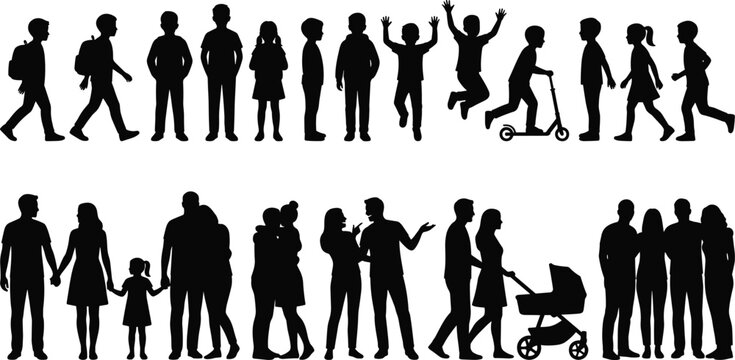 Black silhouettes of diverse people including children playing, families walking with strollers, and couples interacting isolated on white