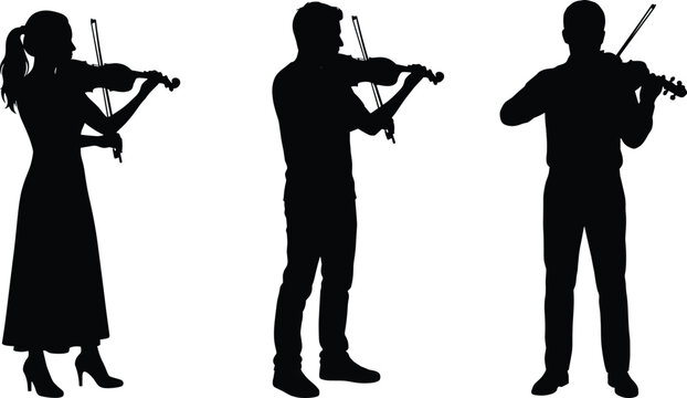 Professional black silhouettes of male and female violinists playing classical music instruments isolated on white background for concert and artistic performance concepts