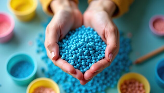 Hands hold pile blue round granules. Small balls in cupped palms, containers with colored particles nearby. Crafting material for art projects or industrial use.