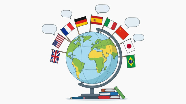 A visual representation of global communication and international flags adorn a globe. Flags include the American flag, Brazilian flag, Chinese flag and etc.